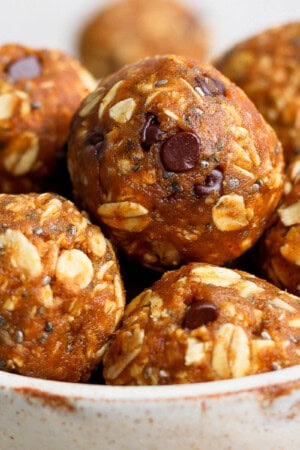 Pumpkin energy balls in a bowl.