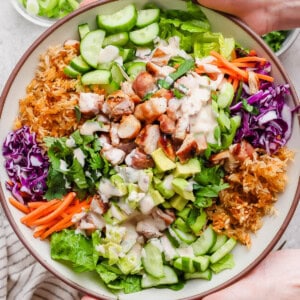 Bang bang chicken salad with crispy rice in a serving bowl.