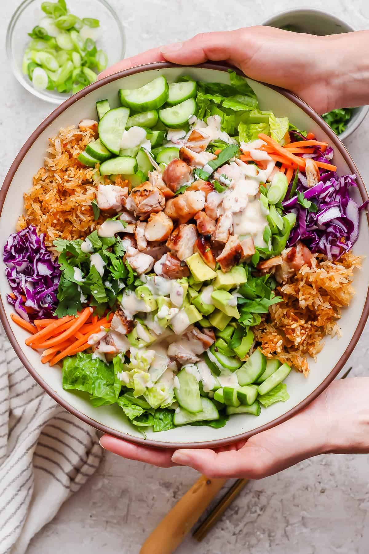 Someone holding bang bang chicken salad with crispy rice in a serving bowl.