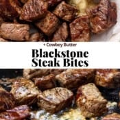 Blackstone steak bites on the griddle and on a plate with the text, "Blackstone Steak Bites".