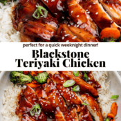 Blackstone teriyaki chicken over rice with the text, "Blackstone Teriyaki Chicken".