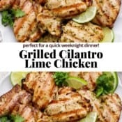 Platter of cilantro lime chicken thighs with the text, "grilled cilantro lime chicken".