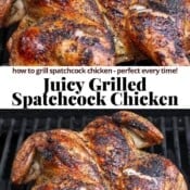 A grilled spatchcock chicken fully cooked on the grill with the text, "juicy grilled spatchcock chicken".