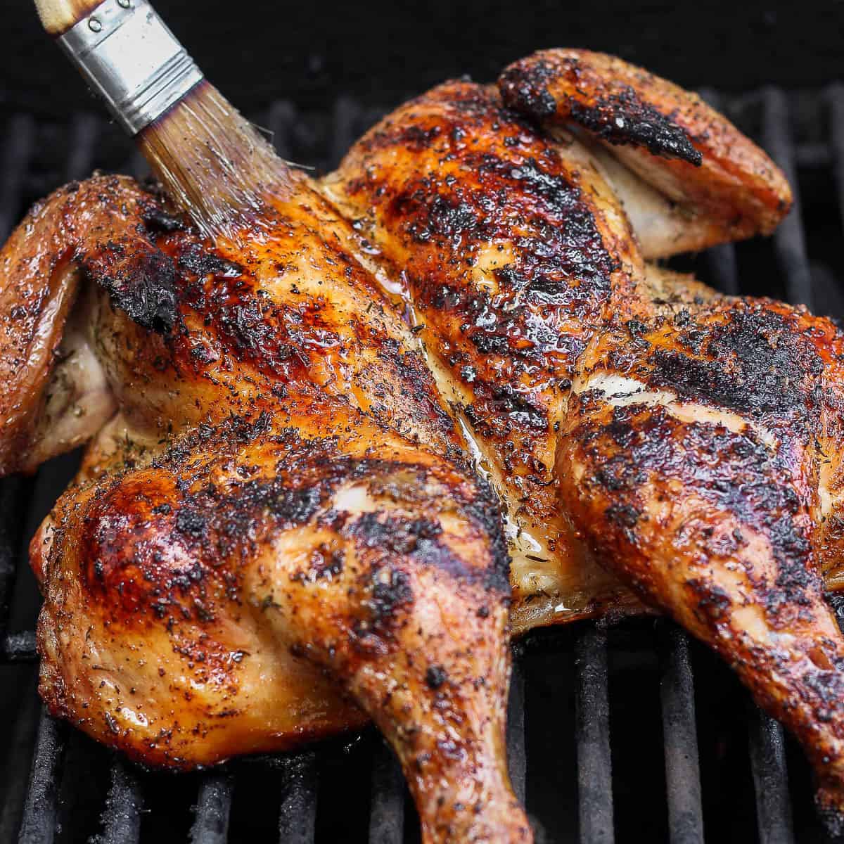 A grilled spatchcock chicken being basted on the grill.