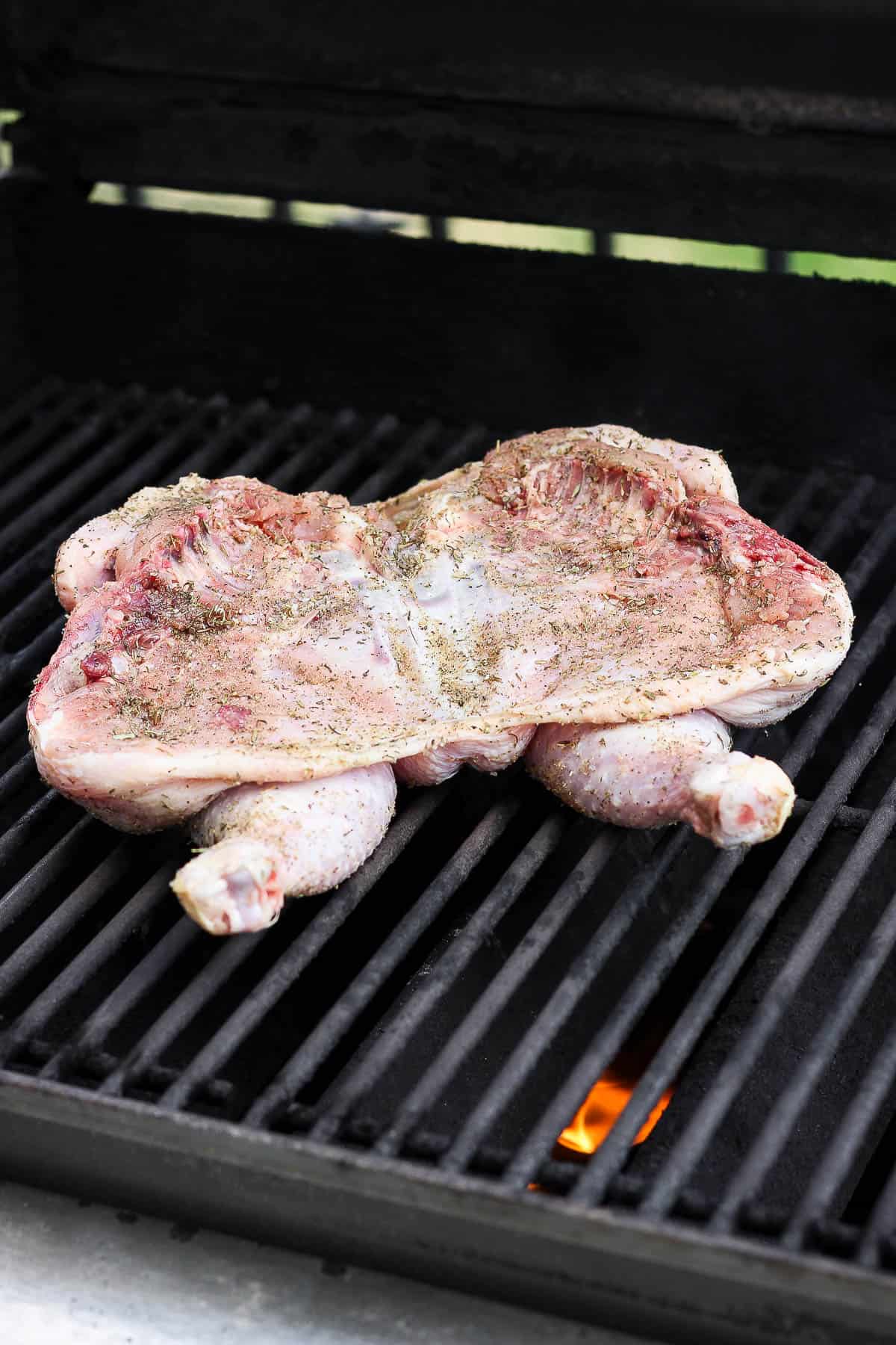 A grilled spatchcock chicken with the skin-side down to get a nice sear.
