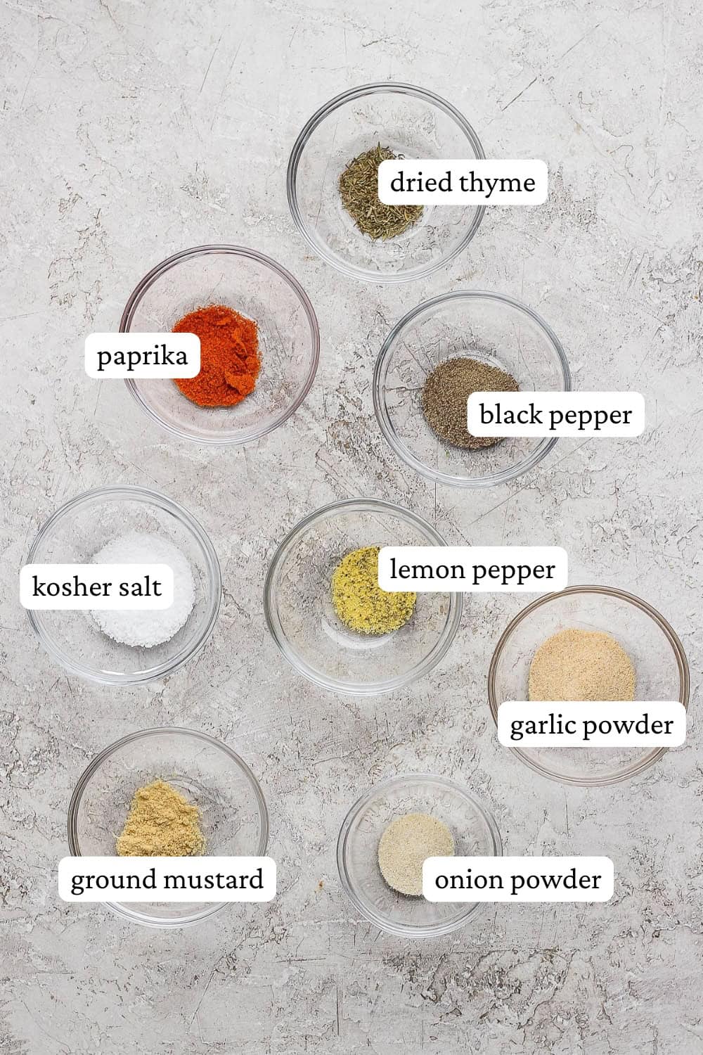 Pork roast seasoning ingredients in small bowls with labels.