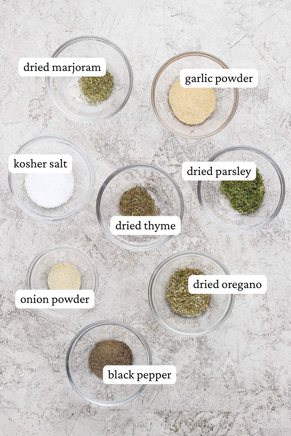 Ingredients for pot roast seasoning in separate bowls with labels.