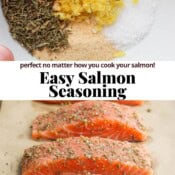 Salmon seasoning in a bowl and on top of salmon fillets with the text "easy salmon seasoning".