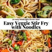 Veggie lo mein in a skillet and with a fork twirling some of the noodles and text, "easy veggie stir fry with noodles".