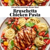 Bruschetta chicken pasta in a large bowl with the text, "bruschetta chicken pasta".
