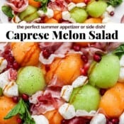 Caprese melon salad on a platter with the text, "caprese melon salad".