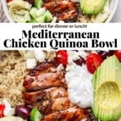 A fully assembled mediterranean chicken quinoa bowl with the text, "mediterranean chicken quinoa bowl".