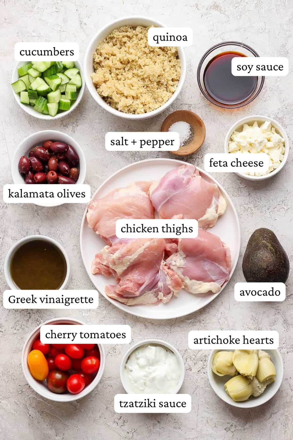 Ingredients for a mediterranean chicken quinoa bowl in bowls with labels.