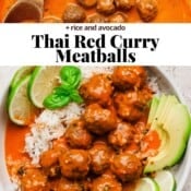 Red curry meatballs in a skillet and on top of rice in a bowl with limes and avocados.