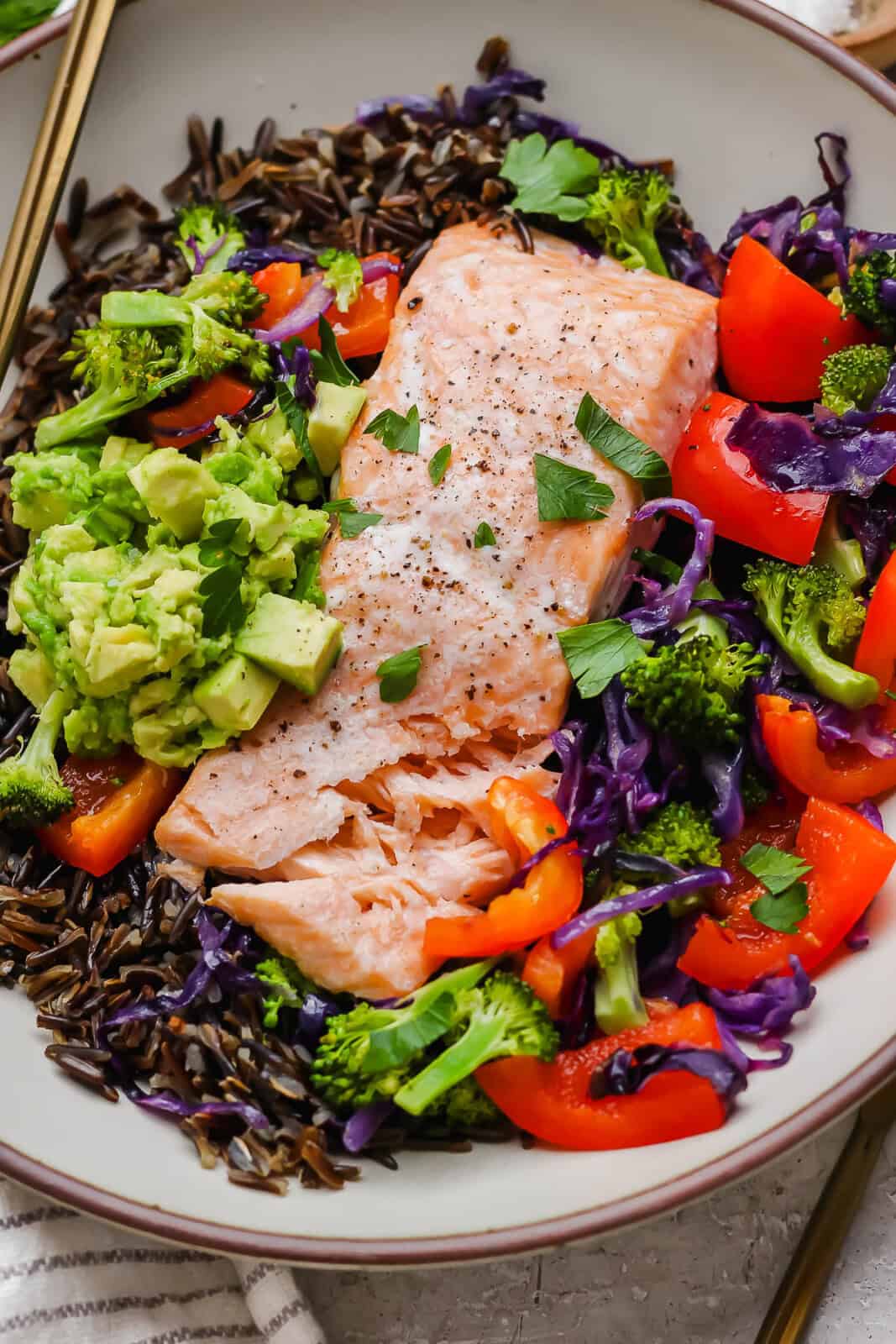 A fully assembled salmon power bowl.