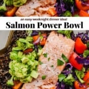 A fully assembled salmon power bowl with the text, "salmon power bowl".