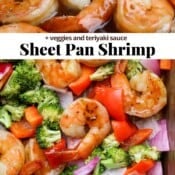 Shrimp sheet pan dinner on the baking sheet with the text, "sheet pan shrimp".