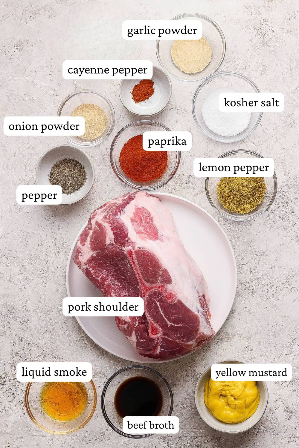 Instant Pot pork shoulder ingredients in separate bowls with labels.