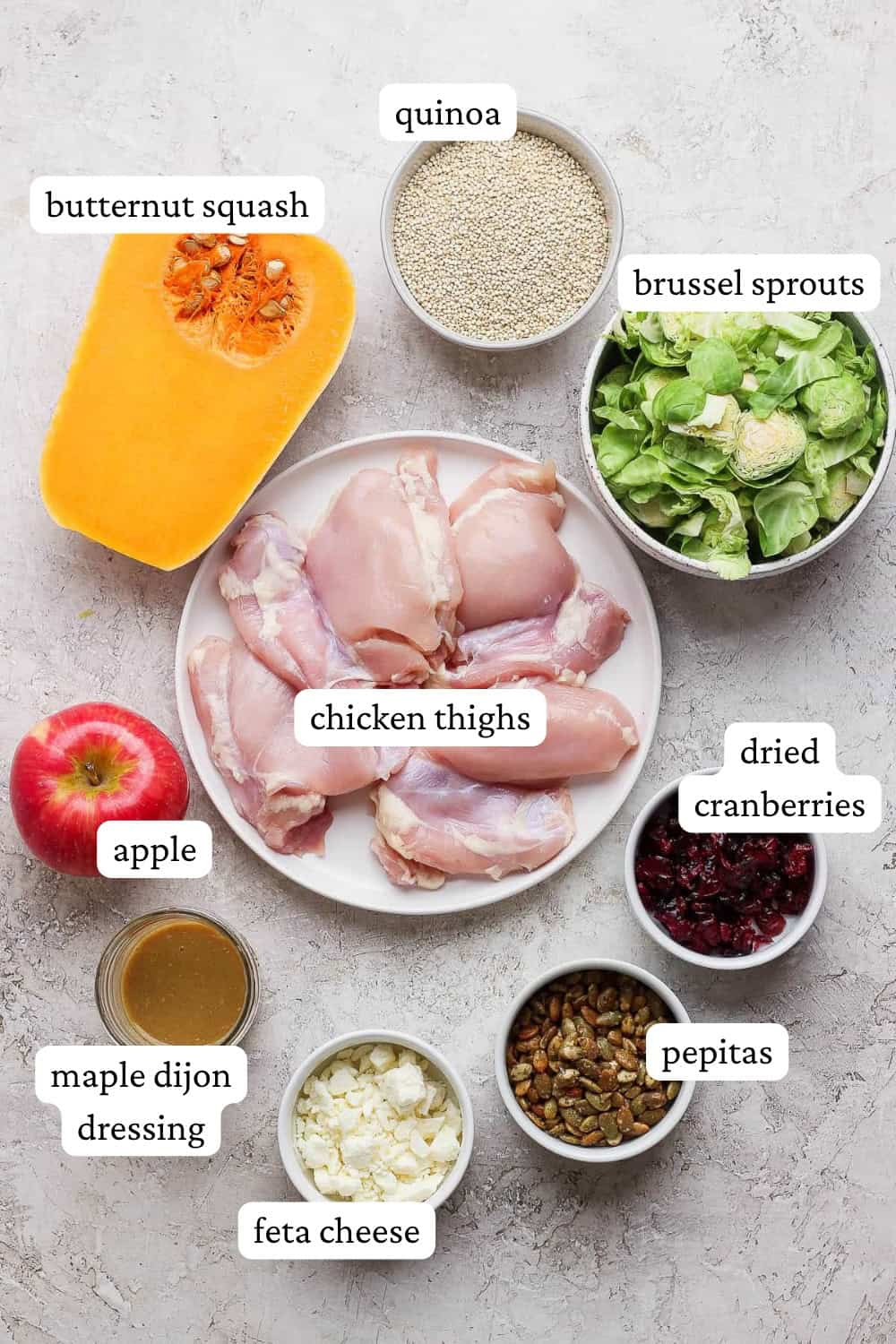 Ingredients for an Autumn harvest bowl with labels.