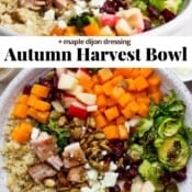 An Autumn harvest bowl in a large white bowl with the text, "Autumn Harvest Bowl".