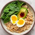 Avocado egg bowl fully assembled in a bowl.