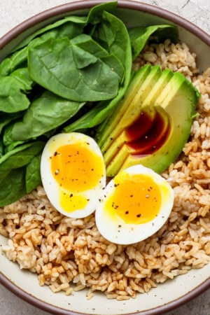 Avocado egg bowl fully assembled in a bowl.