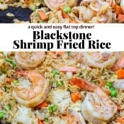 Blackstone shrimp fried rice cooking on the hot cooktop with the text, "blackstone shrimp fried rice".