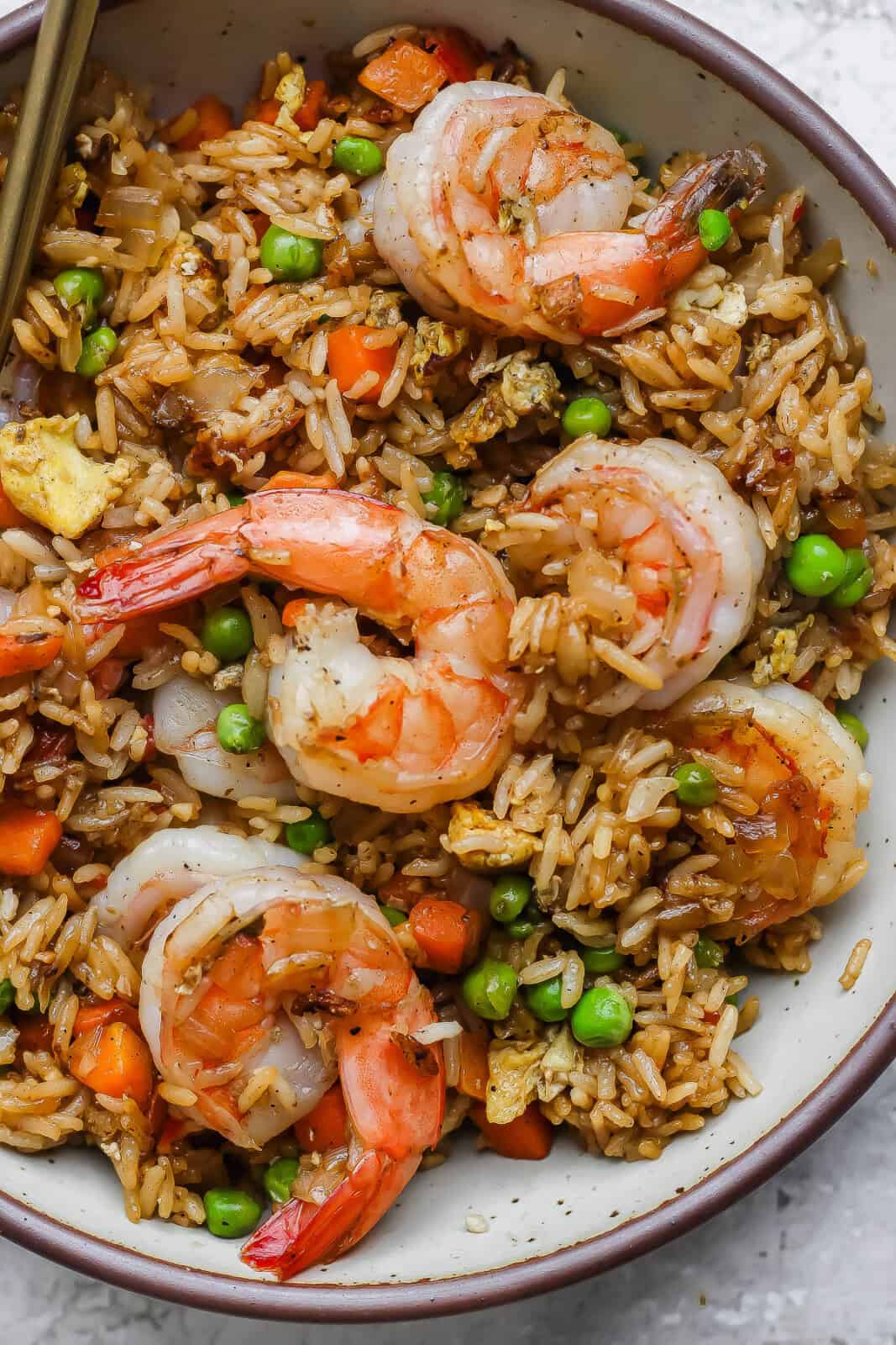 Blackstone shrimp fried rice in a bowl.