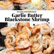Shrimp cooking on the blackstone with the text, "garlic butter blackstone shrimp".