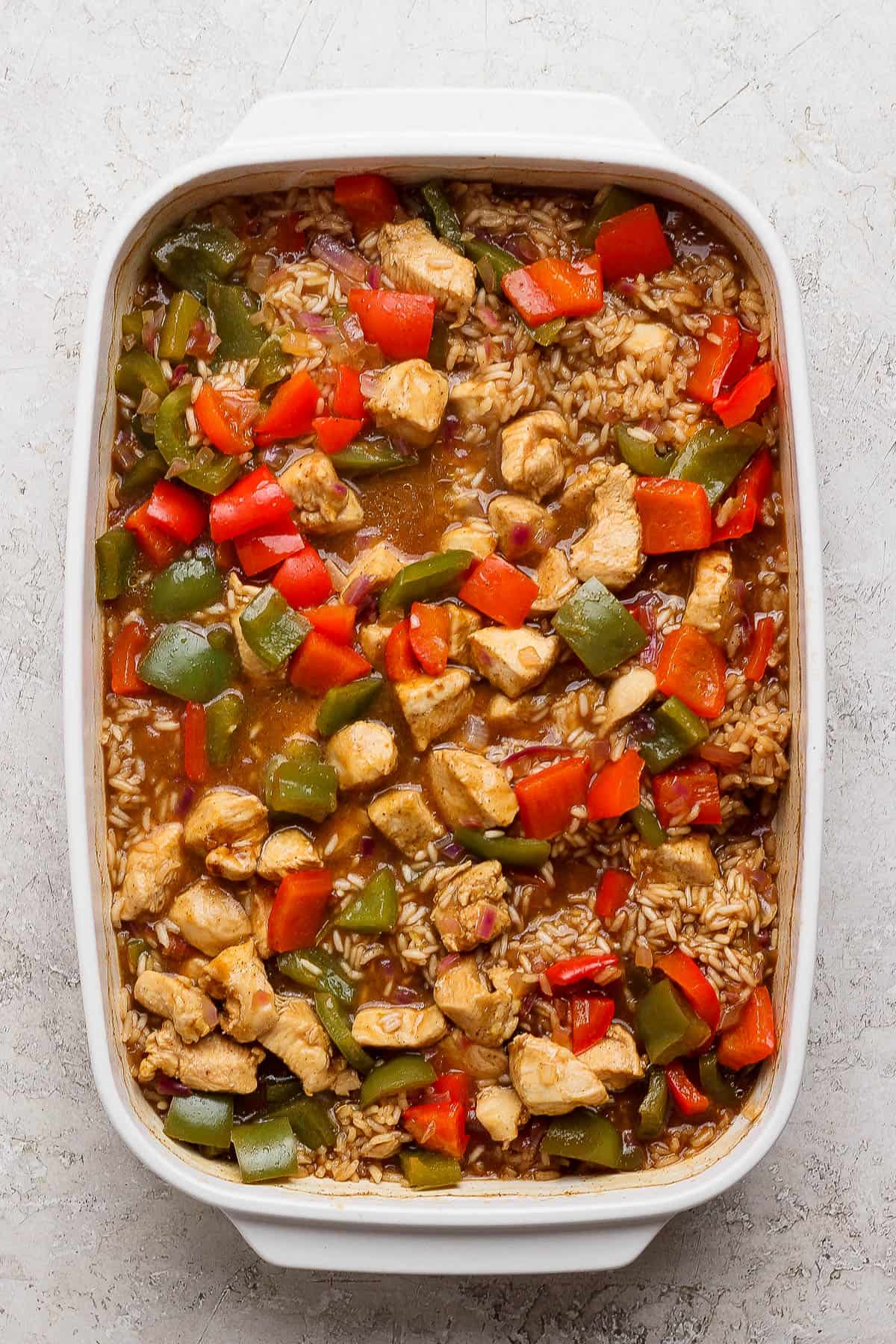 Baked chicken fajita casserole with rice without shredded cheese.