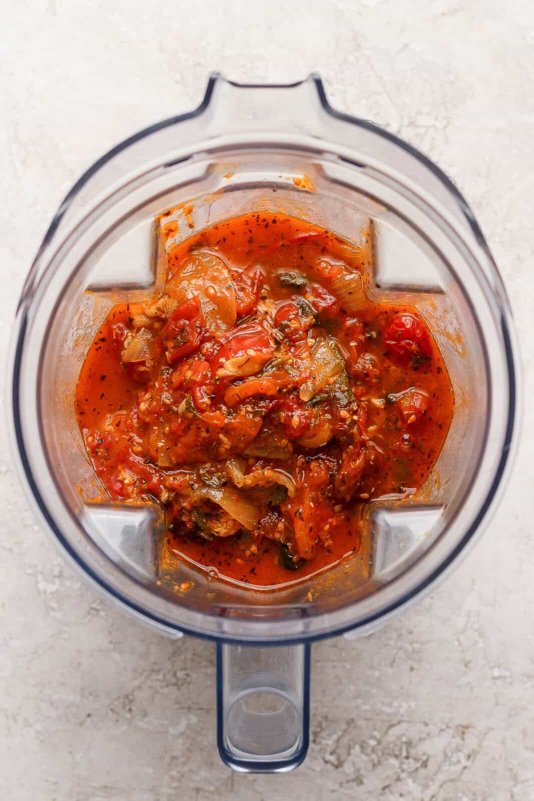 The best homemade marinara sauce transferred to a blender.