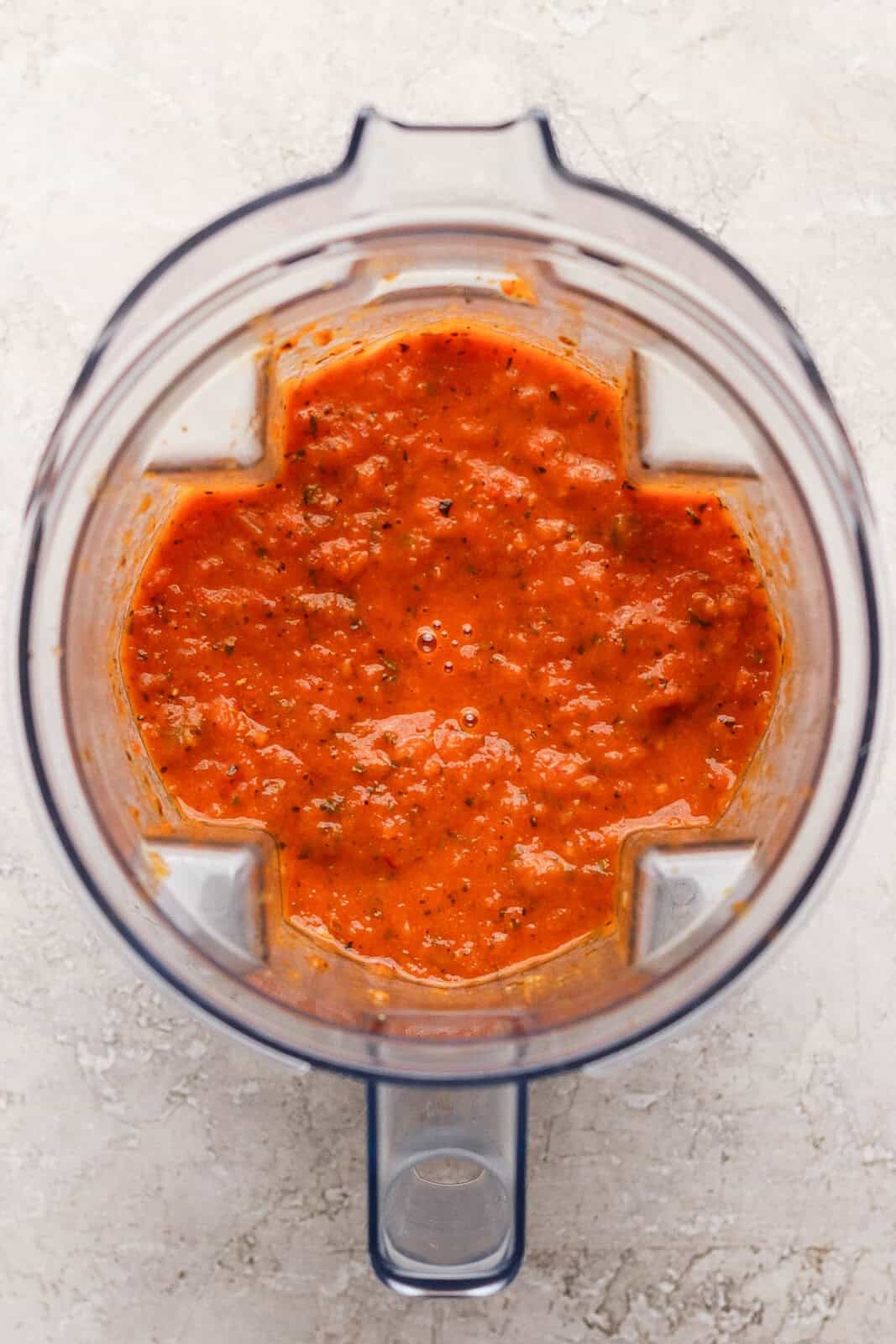 Blended homemade marinara sauce in a blender.