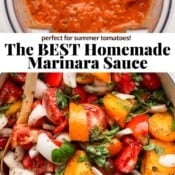 A bowl of the best homemade marinara sauce before cooking and blending and then after with the text, "the best homemade marinara sauce".