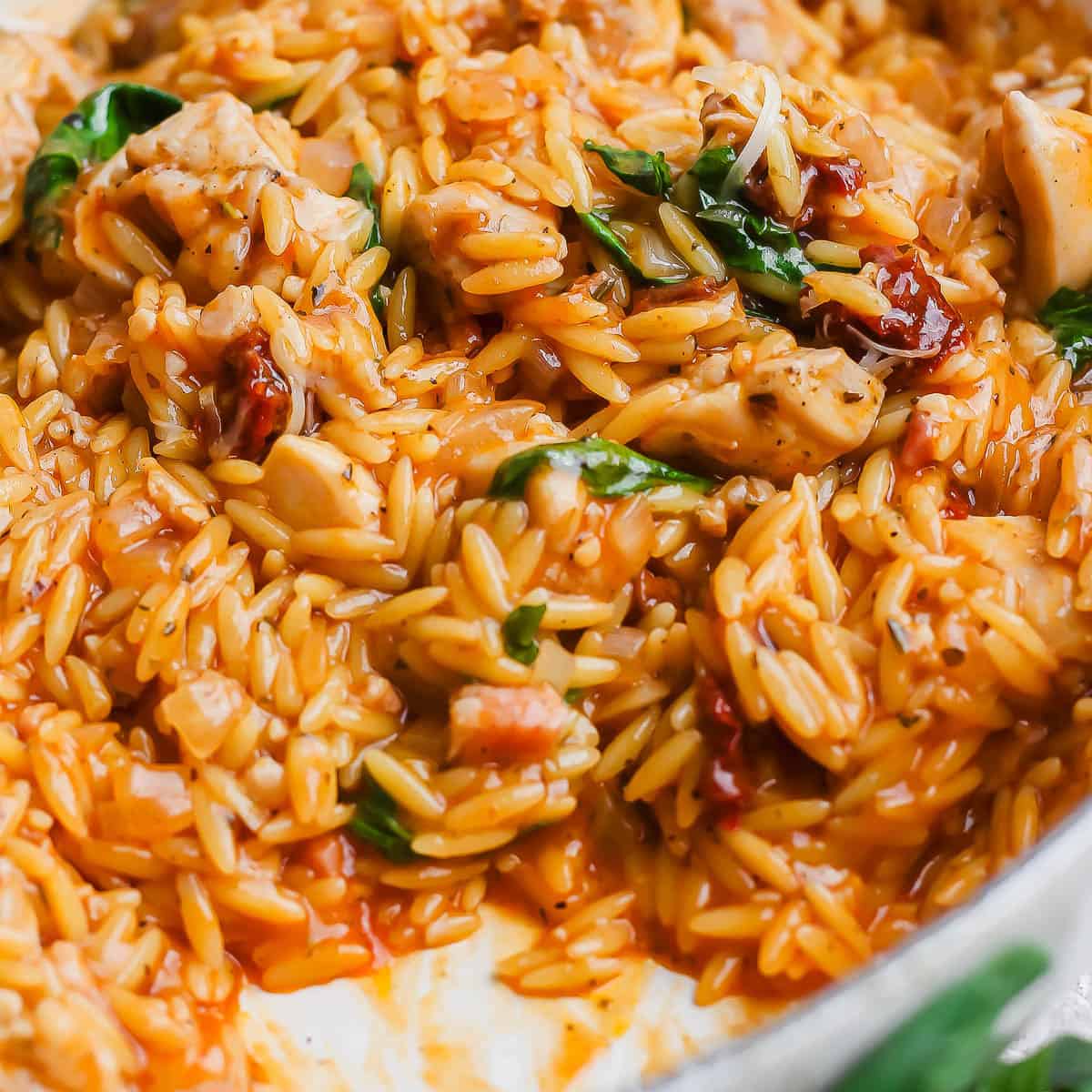 Marry me chicken orzo fully cooked in the pan.