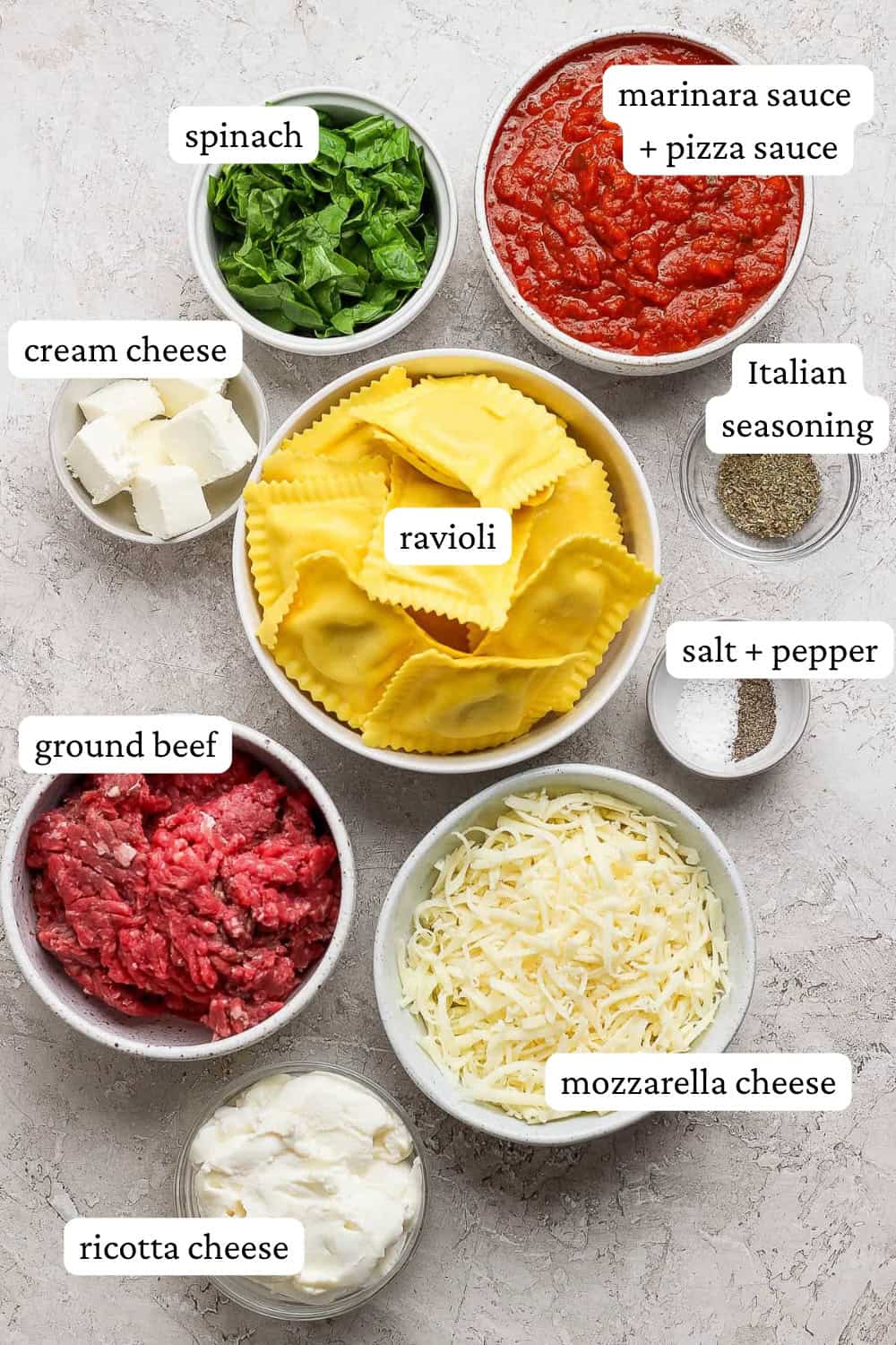 Ingredients for million dollar ravioli casserole in separate bowls with labels.
