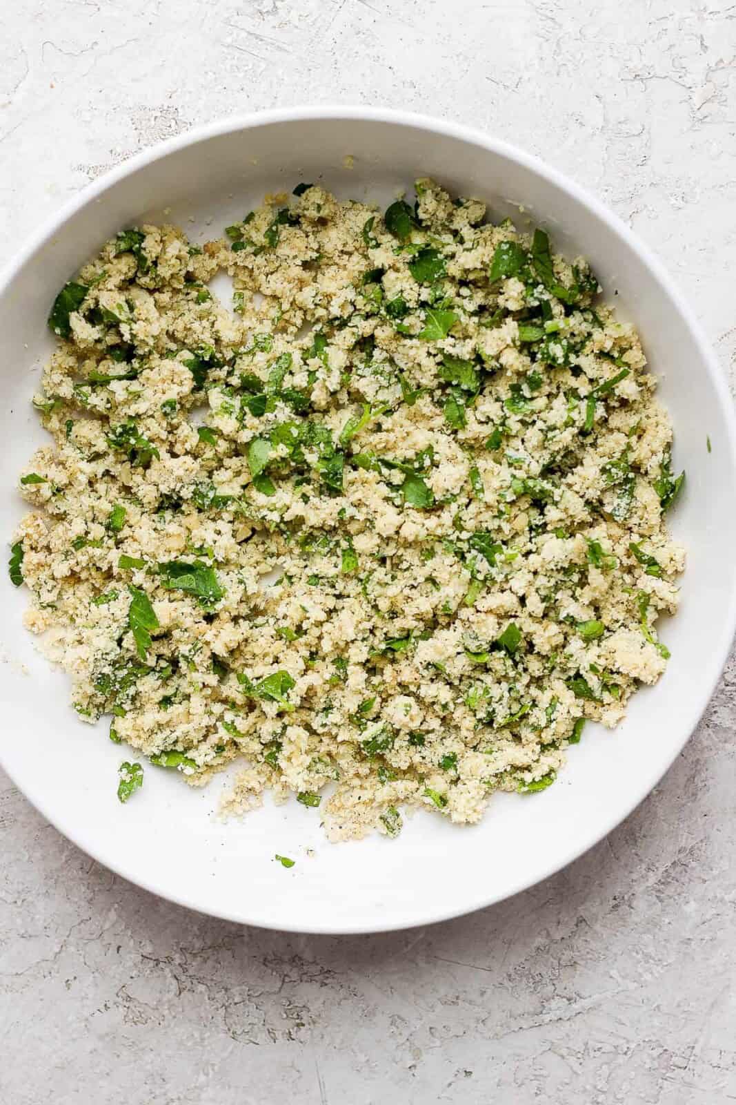 Fully mixed panko breadcrumb mixture for making panko crusted salmon.