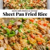 Sheet pan fried rice fully cooked on a sheet pan with the text, "sheet pan fried rice".