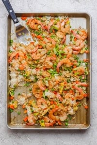 Sheet pan fried rice made with large, raw shrimp instead of chicken.