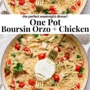A pan of boursin orzo with chicken and the boursin cheese is sitting in the middle of the pan.