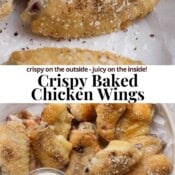 Baked chicken wings in a white dish and in a parchment lined bowl with a dish of ranch and the text, "crispy baked chicken wings".
