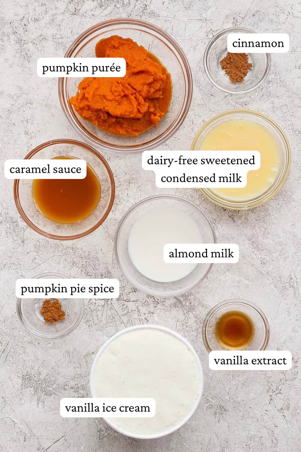 Pumpkin pie shake ingredients in separate bowls with labels.