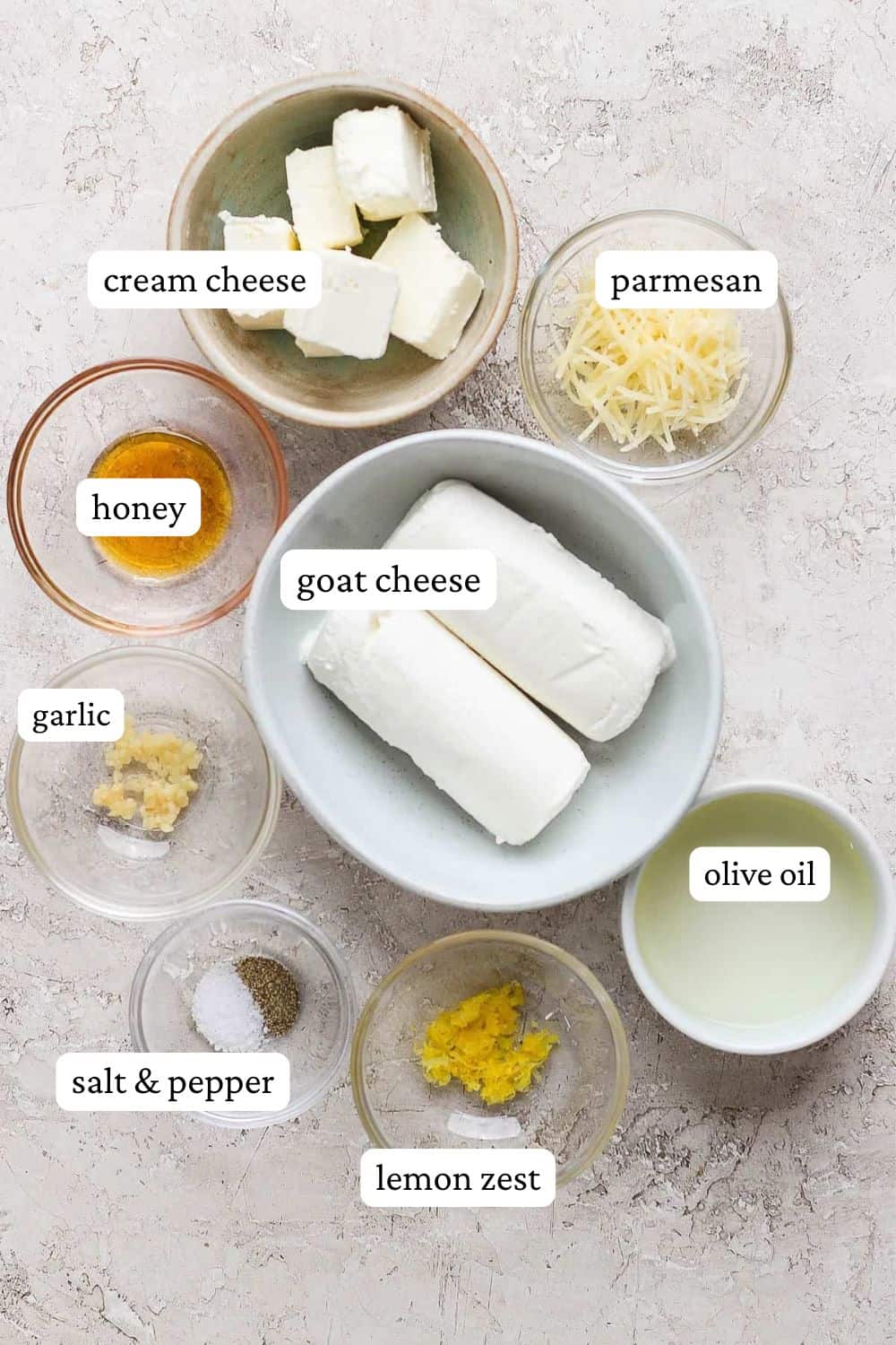Baked Goat Cheese dip ingredients with labels.