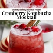 Two glasses of cranberry kombucha mocktail with the text, "cranberry kombucha mocktail".