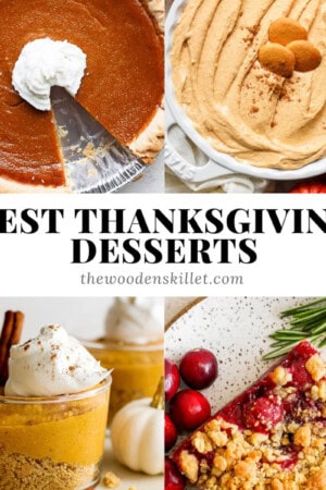 A cranberry bar, pumpkin pie in a cup, pumpkin pie dip, and a dairy free pumpkin pie with the text, "Best Thanksgiving Desserts".