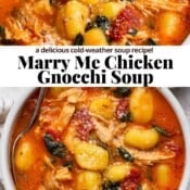 A bowl of marry me chicken gnocchi soup with the text, "marry me chicken gnocchi soup".