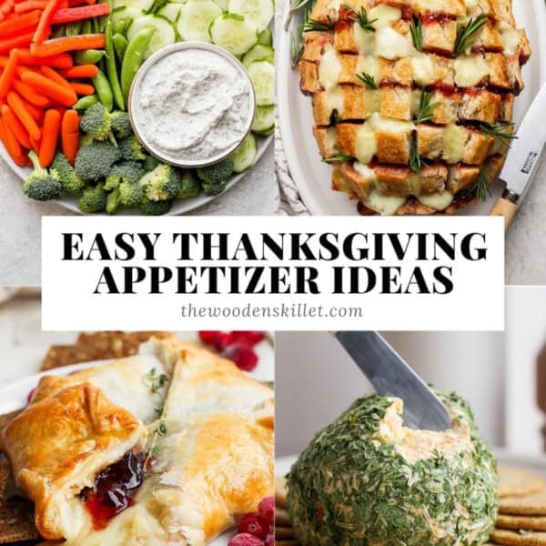 A cheese ball, veggies and dip, baked brie, and pull apart bread with the text, "easy thanksgiving appetizer ideas".